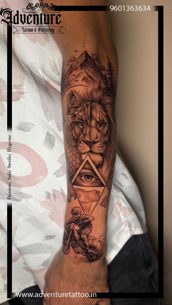 Lion and Biker Forearm Tattoo in Ahmedabad by Adventure Tattoo Studio